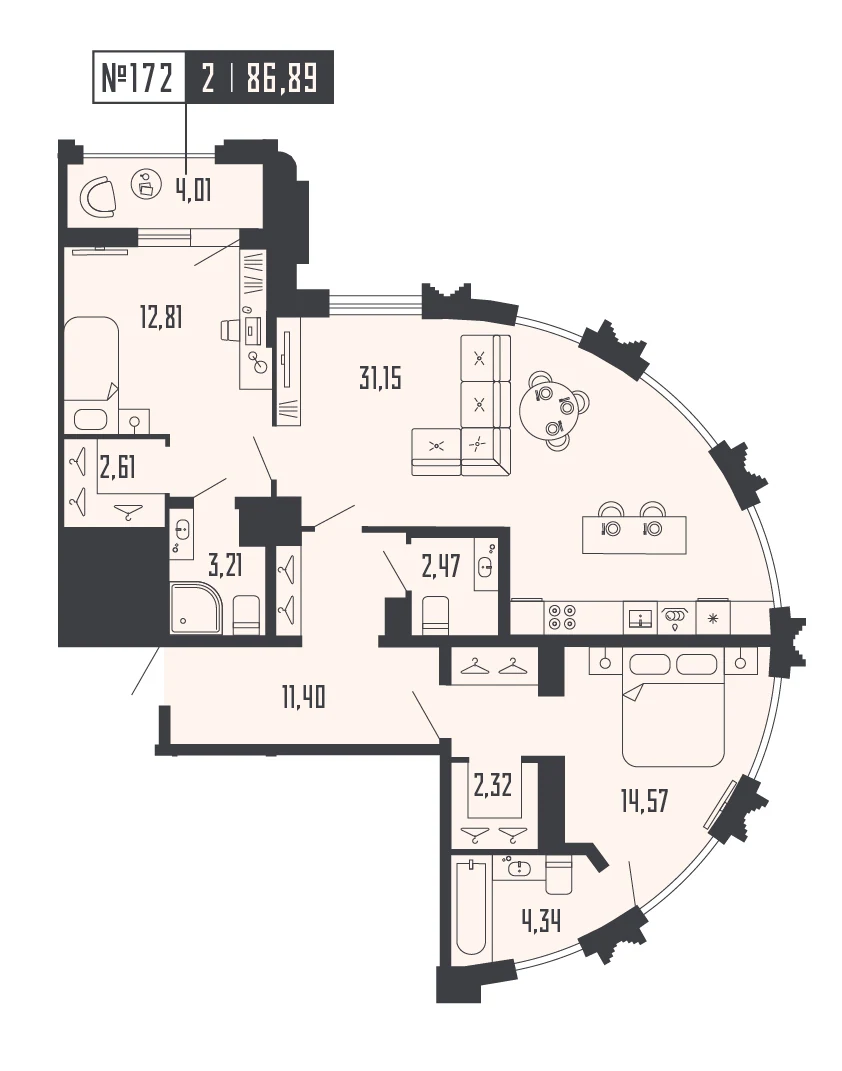 Планировка 2-комнатная 84,9 м² в доме «SHEPILEVSKIY» — Дом SHEPILEVSKIY