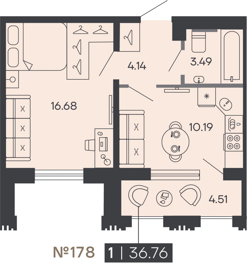 Планировка 1-комнатная 35,8 м² в доме «SHEPILEVSKIY» — Дом SHEPILEVSKIY