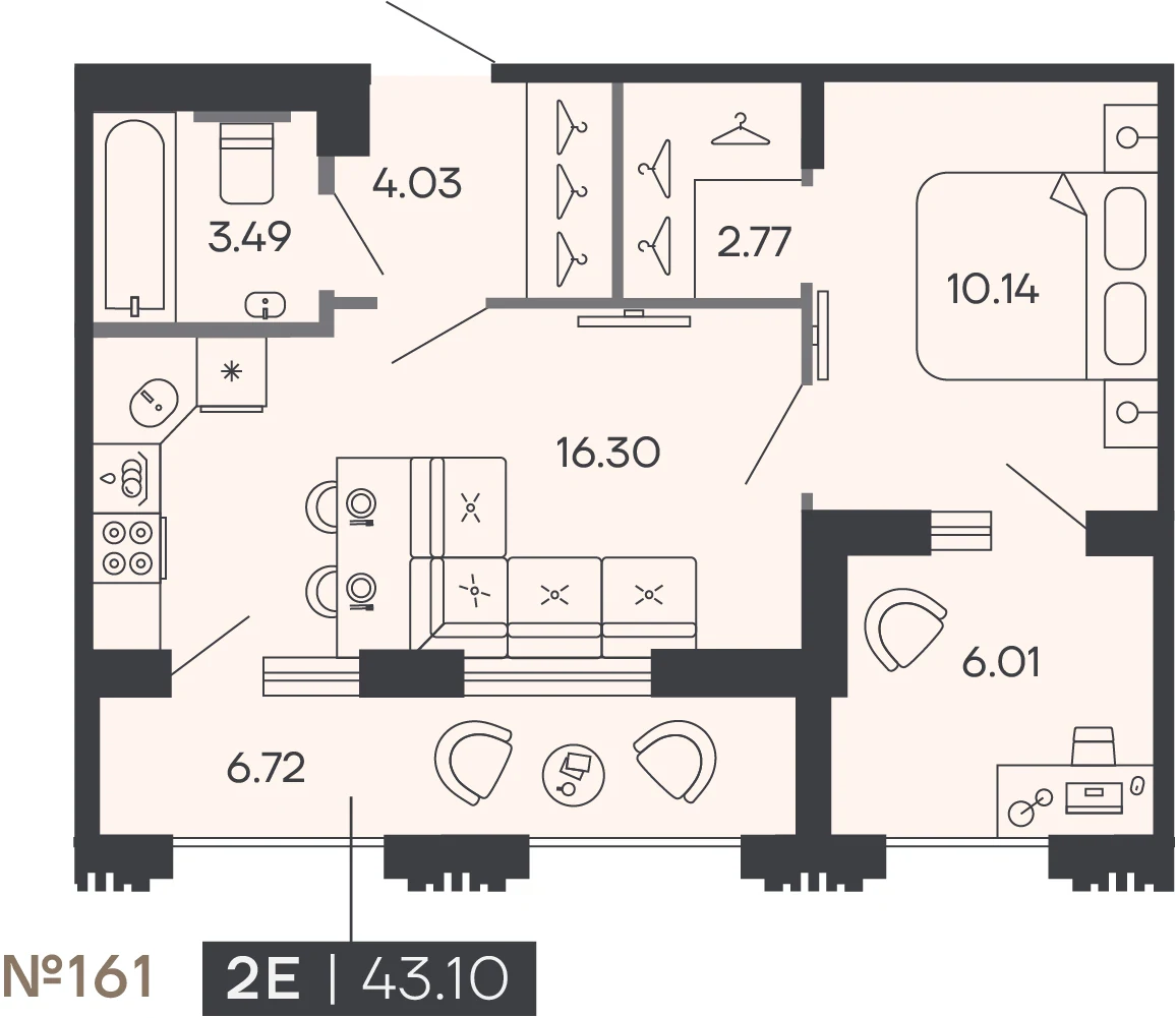 Планировка 1-комнатная 43,1 м² в доме «SHEPILEVSKIY» — Дом SHEPILEVSKIY