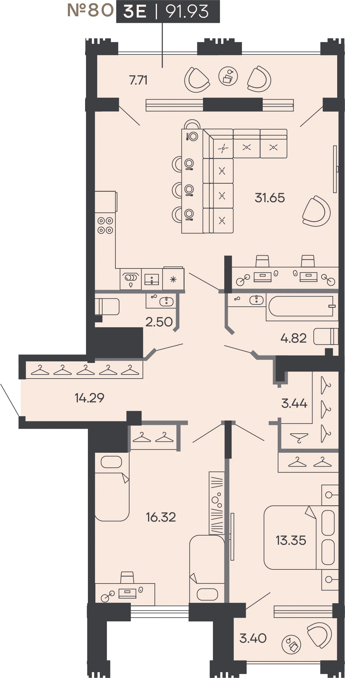 Планировка 2-комнатная 91,9 м² в доме «SHEPILEVSKIY» — Дом SHEPILEVSKIY