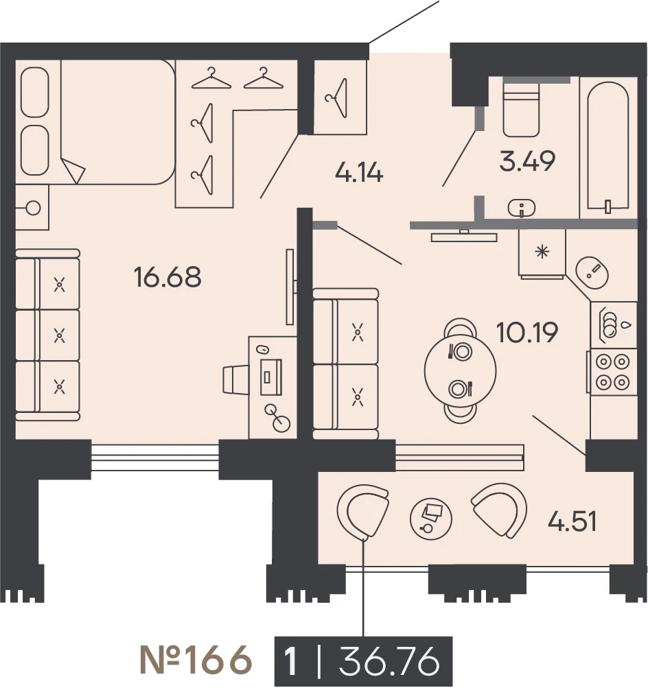 Планировка 1-комнатная 36,8 м² в доме «SHEPILEVSKIY» — Дом SHEPILEVSKIY